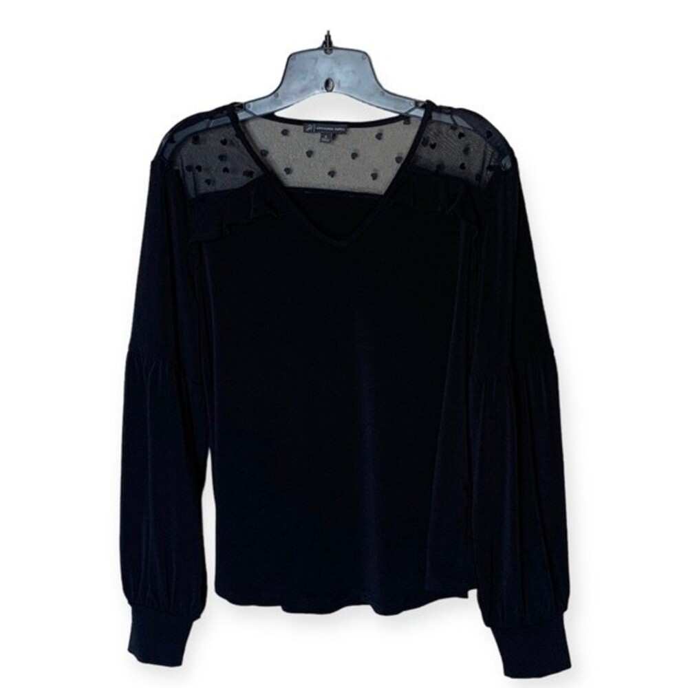 Adrianna Papell Black Long Sleeve V Neck Pullover Top with Lace Detail Size Med